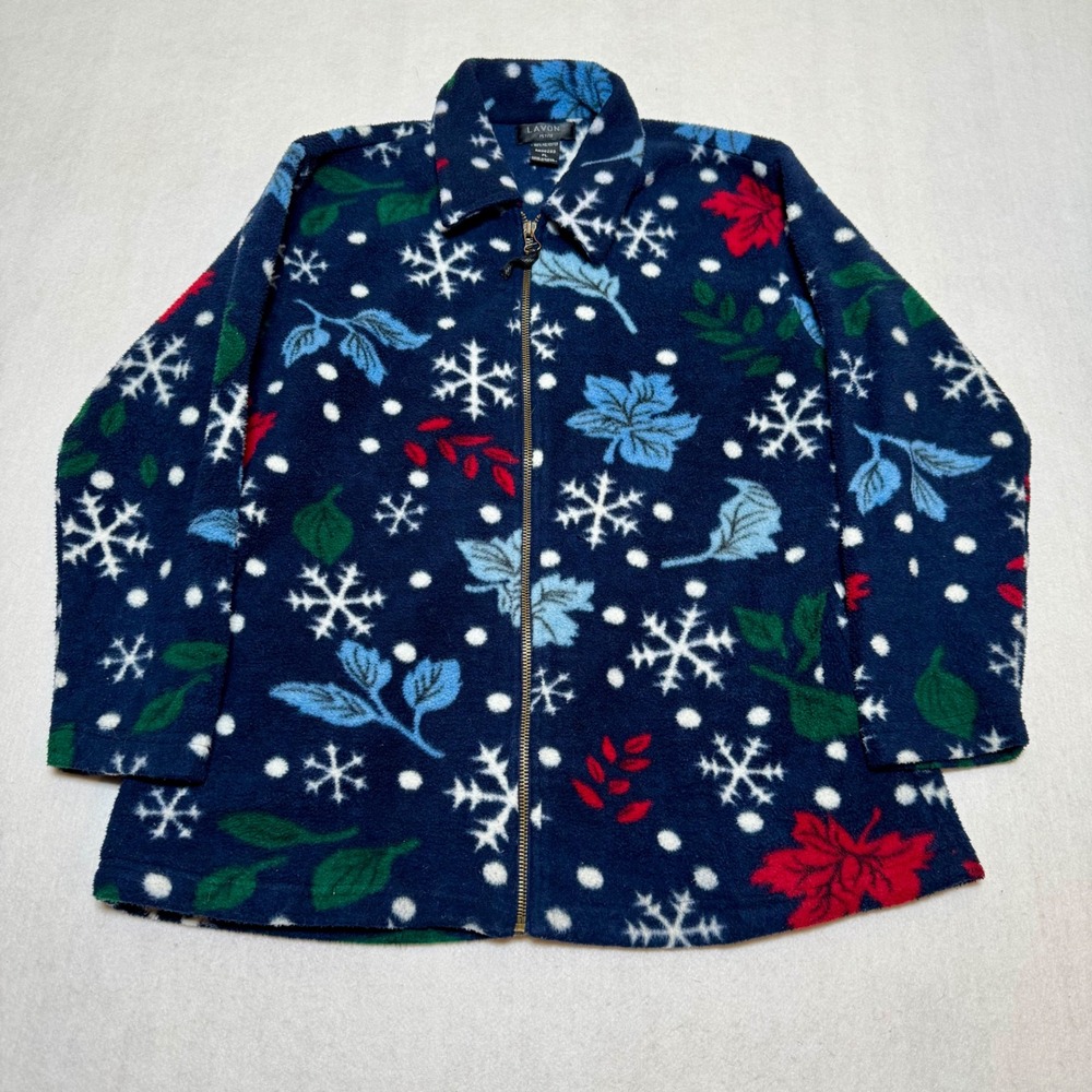 Lavon Petite Womens Petite L Fleece Jacket Navy Blue Snowflake Holiday Full Zip